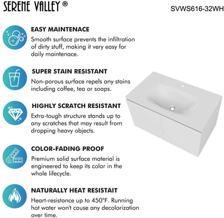 Serene Valley Bathroom Floating Vanity with Hinged Cabinet, Oval Sink Bowl with Matching Pop - Up Strainer, 32" Solid Surface Material in Matte White, SVWS616 - 32WH - Serene Valley