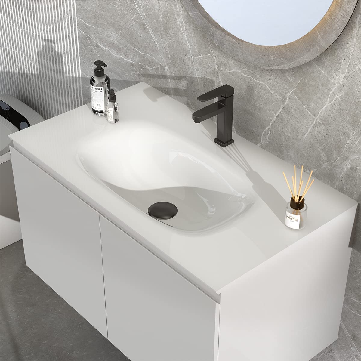 Serene Valley Bathroom Floating Vanity with Hinged Cabinet, Oval Sink Bowl with Matching Pop - Up Strainer, 32" Solid Surface Material in Matte White, SVWS616 - 32WH - Serene Valley