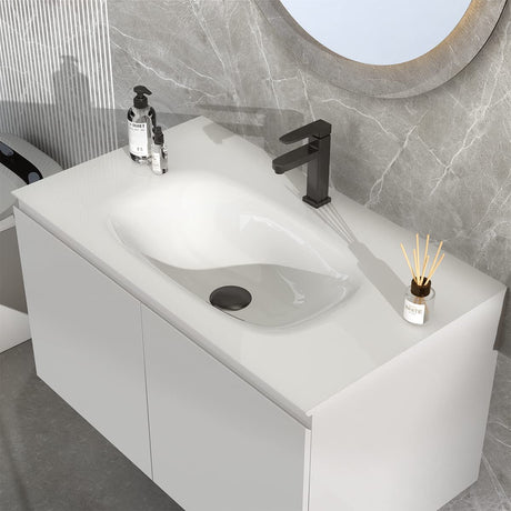 Serene Valley Bathroom Floating Vanity with Hinged Cabinet, Oval Sink Bowl with Matching Pop - Up Strainer, 32" Solid Surface Material in Matte White, SVWS616 - 32WH - Serene Valley