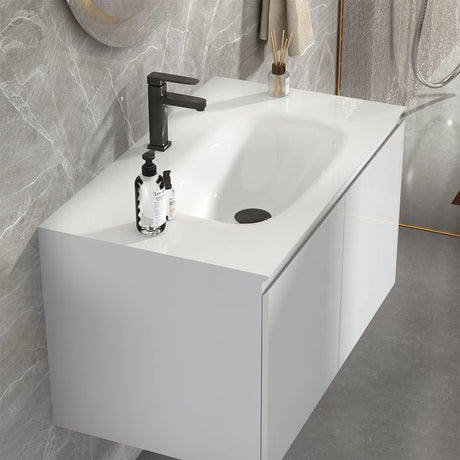 Serene Valley Bathroom Floating Vanity with Hinged Cabinet, Oval Sink Bowl with Matching Pop - Up Strainer, 32" Solid Surface Material in Matte White, SVWS616 - 32WH - Serene Valley