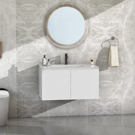 Serene Valley Bathroom Floating Vanity with Hinged Cabinet, Oval Sink Bowl with Matching Pop - Up Strainer, 32" Solid Surface Material in Matte White, SVWS616 - 32WH - Serene Valley