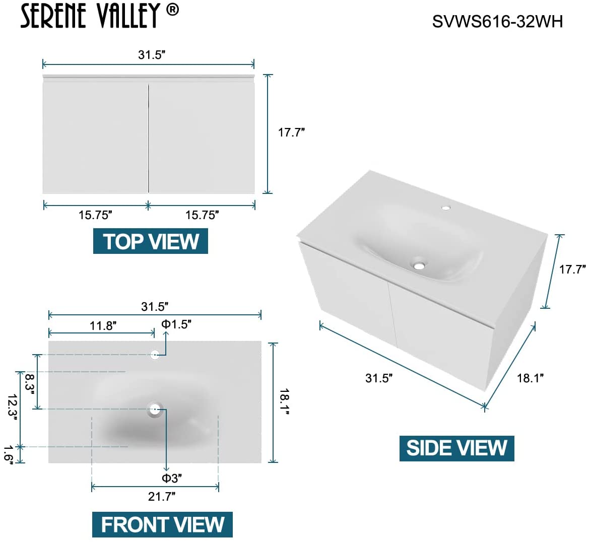 Serene Valley Bathroom Floating Vanity with Hinged Cabinet, Oval Sink Bowl with Matching Pop - Up Strainer, 32" Solid Surface Material in Matte White, SVWS616 - 32WH - Serene Valley