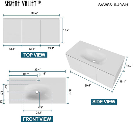 Serene Valley Bathroom Floating Vanity with Hinged Cabinet, Oval Sink Bowl with Matching Pop - Up Strainer, 40" Solid Surface Material in Matte White, SVWS616 - 40WH - Serene Valley