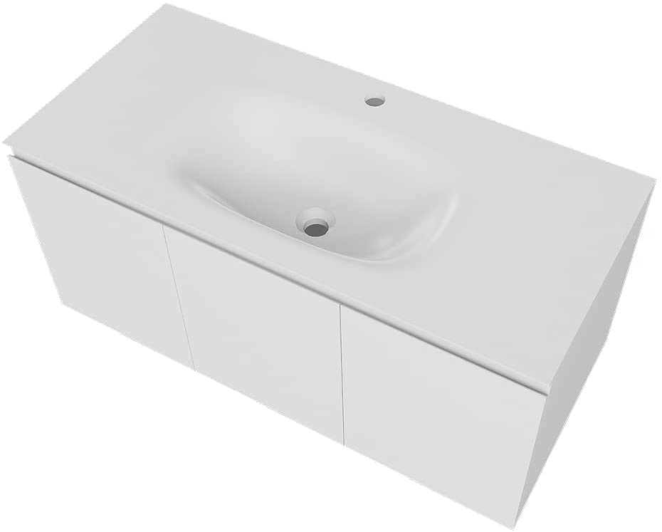 Serene Valley Bathroom Floating Vanity with Hinged Cabinet, Oval Sink Bowl with Matching Pop - Up Strainer, 40" Solid Surface Material in Matte White, SVWS616 - 40WH - Serene Valley