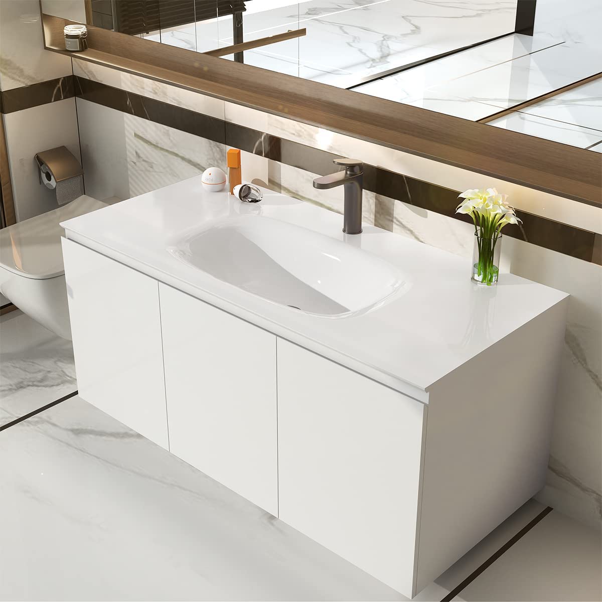 Serene Valley Bathroom Floating Vanity with Hinged Cabinet, Oval Sink Bowl with Matching Pop - Up Strainer, 40" Solid Surface Material in Matte White, SVWS616 - 40WH - Serene Valley