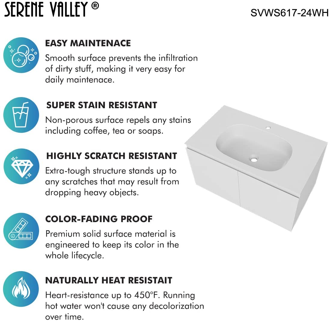 Serene Valley Bathroom Floating Vanity with Hinged Cabinet, Square Sink Bowl with Matching Pop - Up Strainer, 24" Solid Surface Material in Matte White, SVWS617 - 24WH - Serene Valley