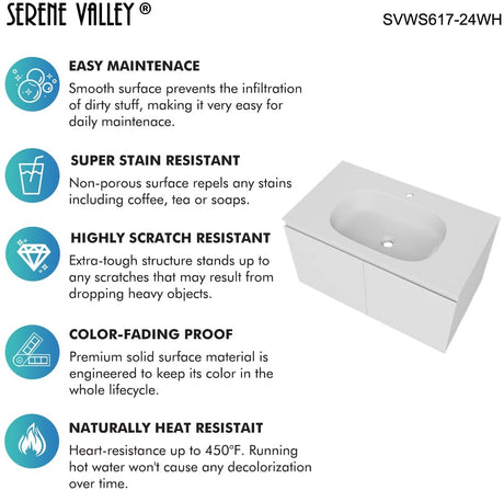 Serene Valley Bathroom Floating Vanity with Hinged Cabinet, Square Sink Bowl with Matching Pop - Up Strainer, 24" Solid Surface Material in Matte White, SVWS617 - 24WH - Serene Valley