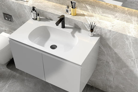 Serene Valley Bathroom Floating Vanity with Hinged Cabinet, Square Sink Bowl with Matching Pop - Up Strainer, 24" Solid Surface Material in Matte White, SVWS617 - 24WH - Serene Valley