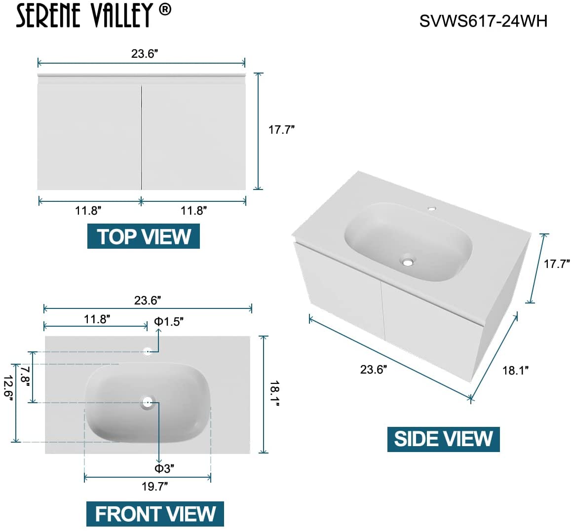 Serene Valley Bathroom Floating Vanity with Hinged Cabinet, Square Sink Bowl with Matching Pop - Up Strainer, 24" Solid Surface Material in Matte White, SVWS617 - 24WH - Serene Valley