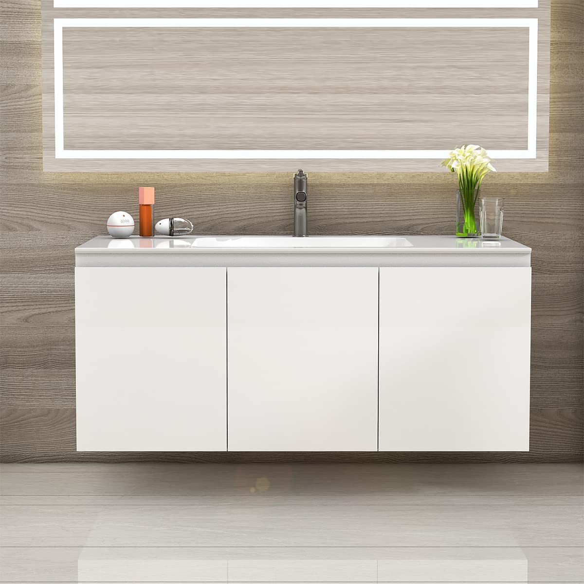 Serene Valley Bathroom Floating Vanity with Hinged Cabinet, Square Sink Bowl with Matching Pop - Up Strainer, 40" Solid Surface Material in Matte White, SVWS617 - 40WH - Serene Valley