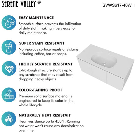 Serene Valley Bathroom Floating Vanity with Hinged Cabinet, Square Sink Bowl with Matching Pop - Up Strainer, 40" Solid Surface Material in Matte White, SVWS617 - 40WH - Serene Valley