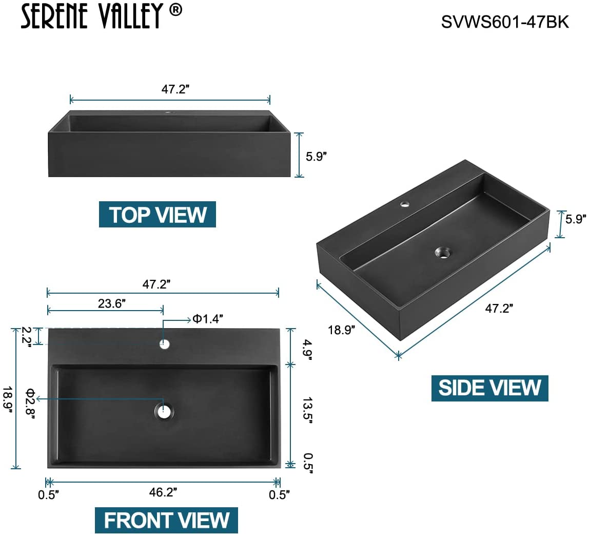 Serene Valley Bathroom Sink, Wall - Mount Install or On Countertop, 47" with Double Faucet Hole, Premium Granite Material in Matte Black - Serene Valley