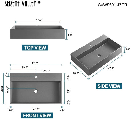 Serene Valley Bathroom Sink, Wall - Mount Install or On Countertop, 47" with Double Faucet Hole, Premium Granite Material in Matte Gray - Serene Valley