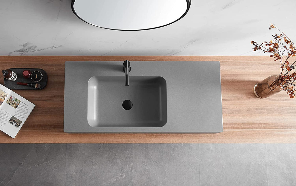 Serene Valley Bathroom Sink, Wall - Mount or On Countertop, 47" with Square Sink and Flat Space, Single Faucet Hole, Premium Granite Material in Gray - Serene Valley