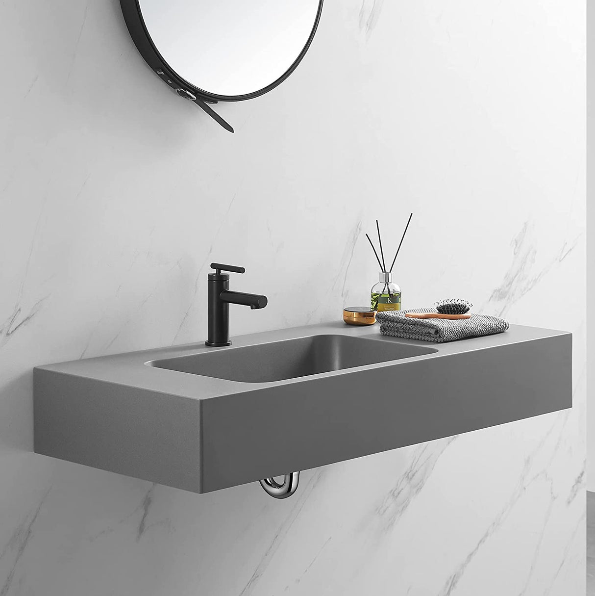 Serene Valley Bathroom Sink, Wall - Mount or On Countertop, 47" with Square Sink and Flat Space, Single Faucet Hole, Premium Granite Material in Gray - Serene Valley