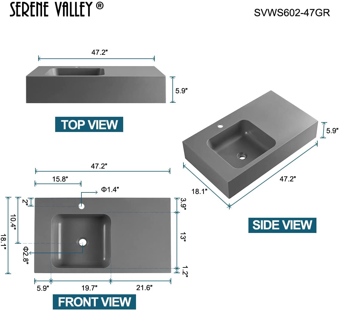 Serene Valley Bathroom Sink, Wall - Mount or On Countertop, 47" with Square Sink and Flat Space, Single Faucet Hole, Premium Granite Material in Gray - Serene Valley