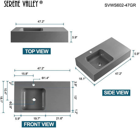 Serene Valley Bathroom Sink, Wall - Mount or On Countertop, 47" with Square Sink and Flat Space, Single Faucet Hole, Premium Granite Material in Gray - Serene Valley