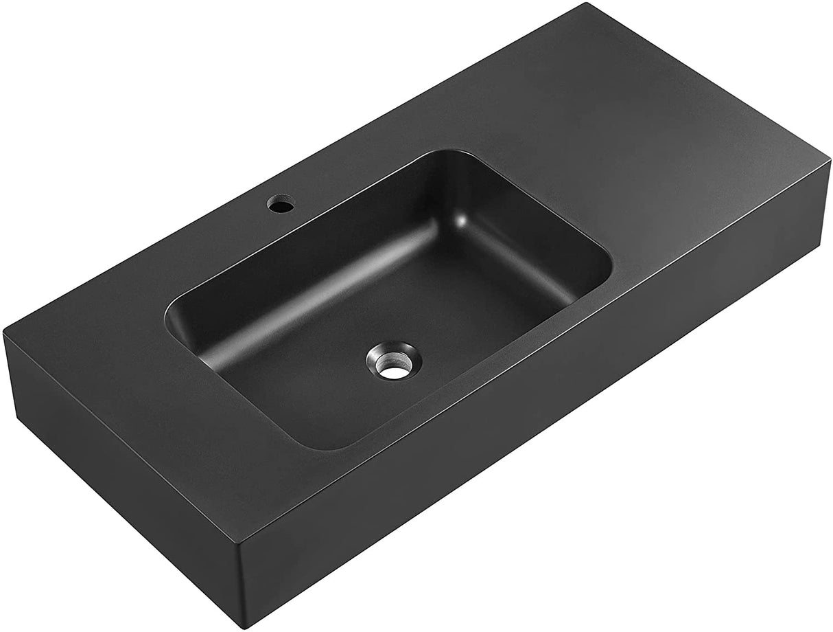 Serene Valley Bathroom Sink, Wall - Mount or On Countertop, 47" with Square Sink and Flat Space, Single Faucet Hole, Premium Granite Material in Matte Black - Serene Valley