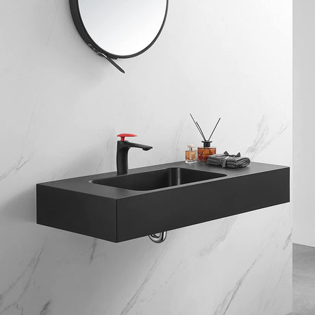 Serene Valley Bathroom Sink, Wall - Mount or On Countertop, 47" with Square Sink and Flat Space, Single Faucet Hole, Premium Granite Material in Matte Black - Serene Valley