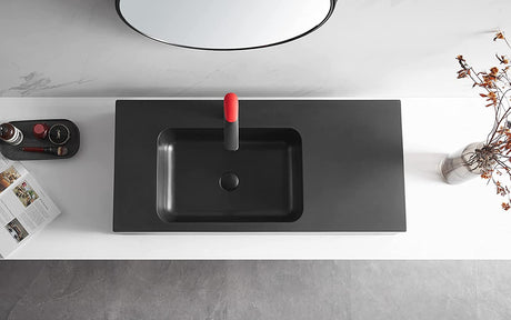 Serene Valley Bathroom Sink, Wall - Mount or On Countertop, 47" with Square Sink and Flat Space, Single Faucet Hole, Premium Granite Material in Matte Black - Serene Valley