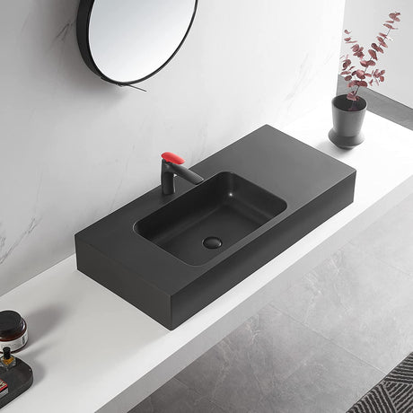 Serene Valley Bathroom Sink, Wall - Mount or On Countertop, 47" with Square Sink and Flat Space, Single Faucet Hole, Premium Granite Material in Matte Black - Serene Valley