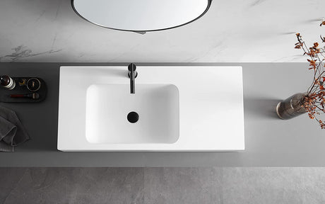 Serene Valley Bathroom Sink, Wall - Mount or On Countertop, 47" with Square Sink and Flat Space, Single Faucet Hole, Solid Surface Material in Matte White - Serene Valley