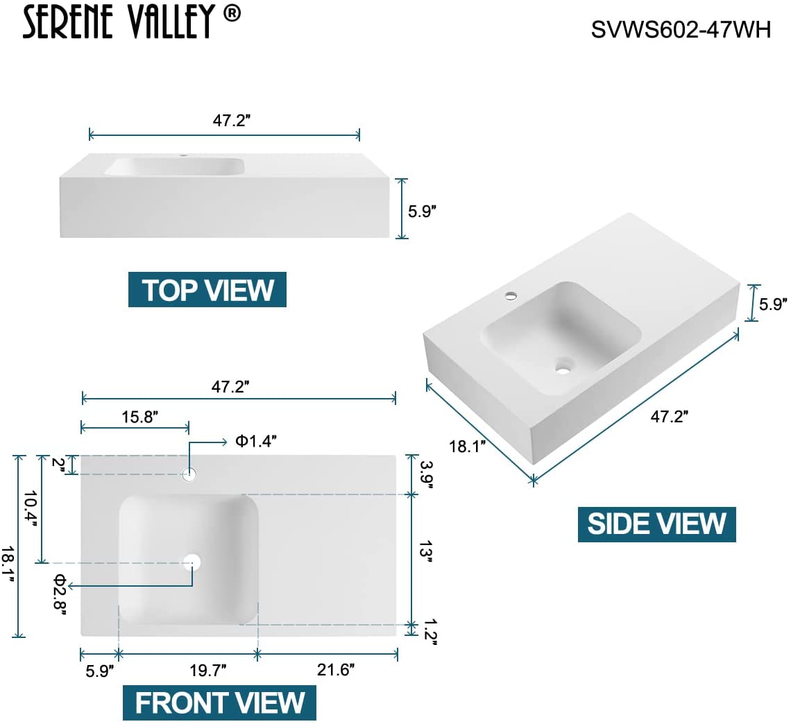 Serene Valley Bathroom Sink, Wall - Mount or On Countertop, 47" with Square Sink and Flat Space, Single Faucet Hole, Solid Surface Material in Matte White - Serene Valley