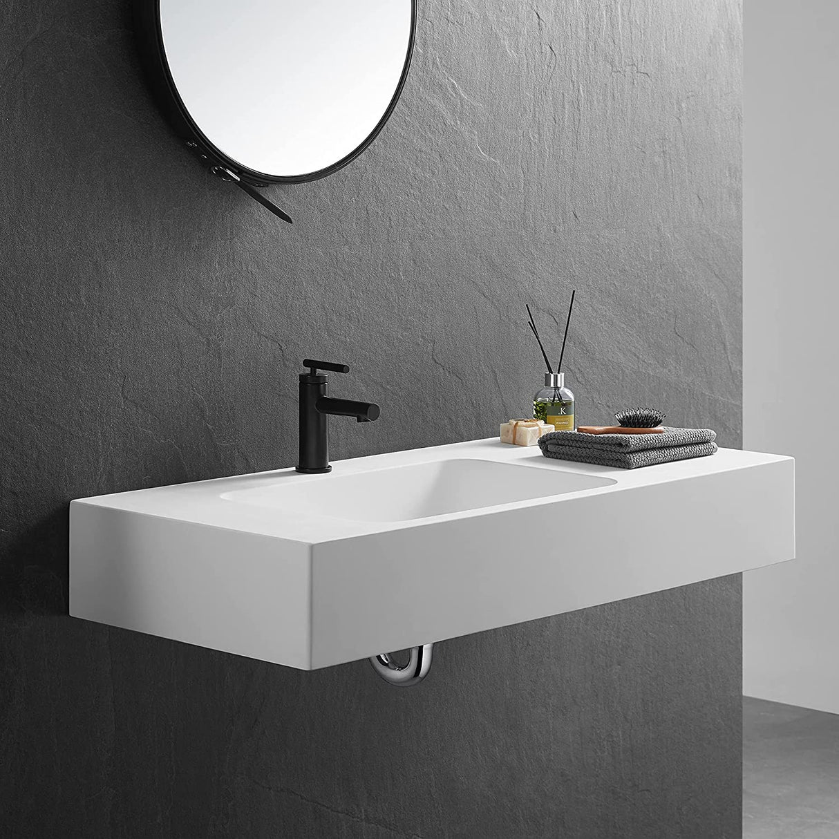 Serene Valley Bathroom Sink, Wall - Mount or On Countertop, 47" with Square Sink and Flat Space, Single Faucet Hole, Solid Surface Material in Matte White - Serene Valley