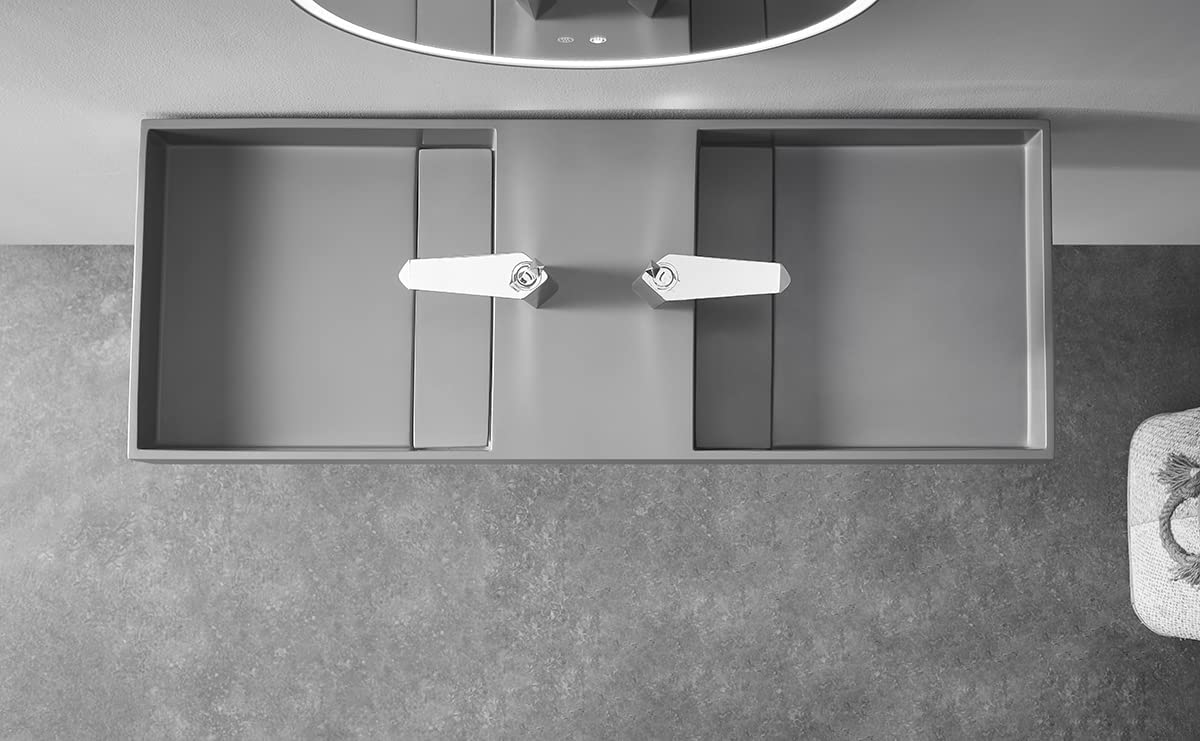 Serene Valley Floating or Countertop Bathroom Double Sink, Two Faucet Holes with Hidden Drain Design, 40" Solid Surface Material in Matte Gray, SVWS608 - 40GR - Serene Valley