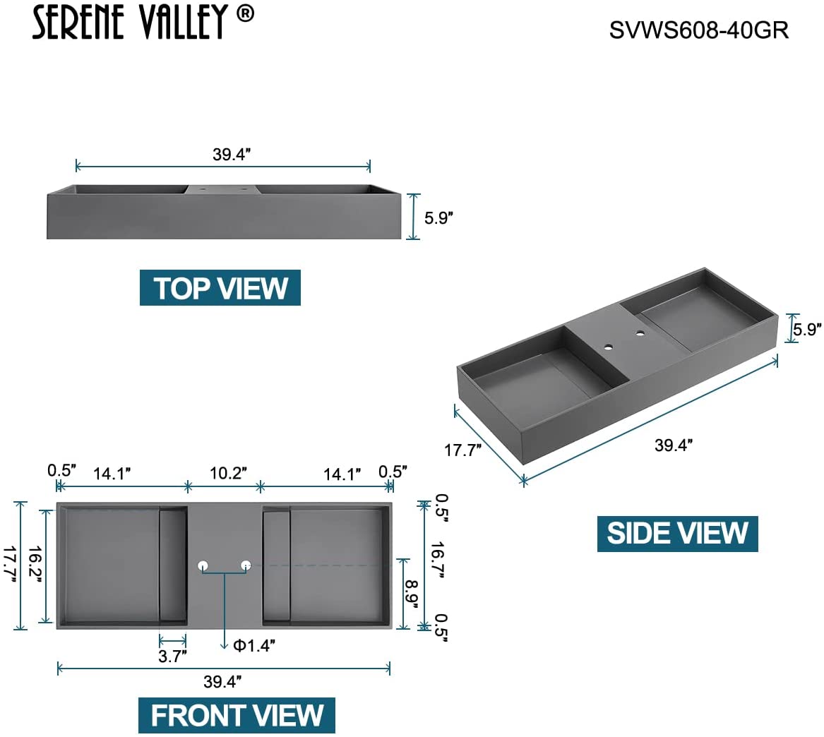 Serene Valley Floating or Countertop Bathroom Double Sink, Two Faucet Holes with Hidden Drain Design, 40" Solid Surface Material in Matte Gray, SVWS608 - 40GR - Serene Valley