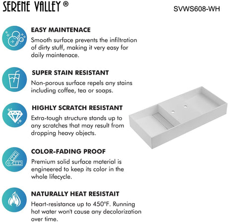 Serene Valley Floating or Countertop Bathroom Double Sink, Two Faucet Holes with Hidden Drain Design, 47" Solid Surface Material in Matte Gray, SVWS608 - 47GR - Serene Valley