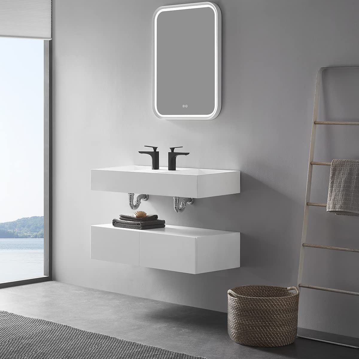Serene Valley Floating or Countertop Bathroom Double Sink, Two Faucet Holes with Hidden Drain Design, 47" Solid Surface Material in Matte White, SVWS608 - 47WH - Serene Valley