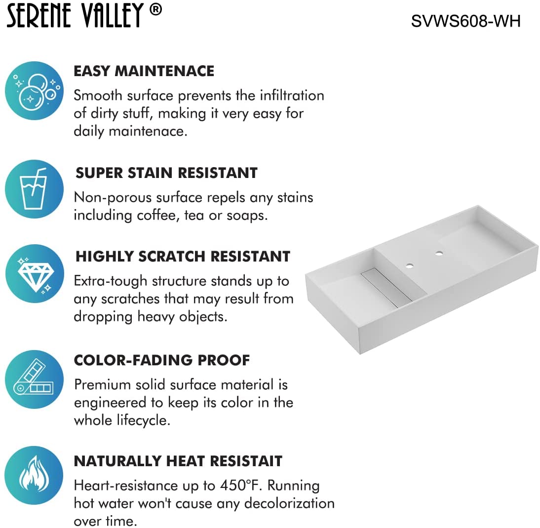 Serene Valley Floating or Countertop Bathroom Double Sink, Two Faucet Holes with Hidden Drain Design, 47" Solid Surface Material in Matte White, SVWS608 - 47WH - Serene Valley