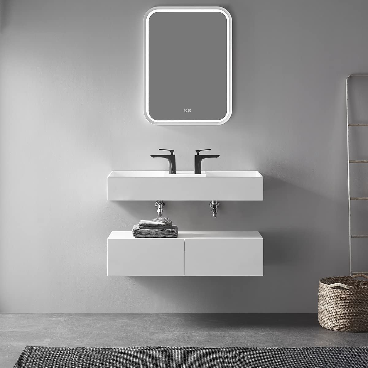 Serene Valley Floating or Countertop Bathroom Double Sink, Two Faucet Holes with Hidden Drain Design, 47" Solid Surface Material in Matte White, SVWS608 - 47WH - Serene Valley