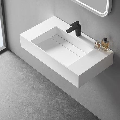 Serene Valley Floating or Countertop Bathroom Sink, Classic Square Sink with Hidden Drain Design, 32" Solid Surface Material in Matte White, SVWS612 - 32WH - Serene Valley