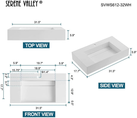 Serene Valley Floating or Countertop Bathroom Sink, Classic Square Sink with Hidden Drain Design, 32" Solid Surface Material in Matte White, SVWS612 - 32WH - Serene Valley