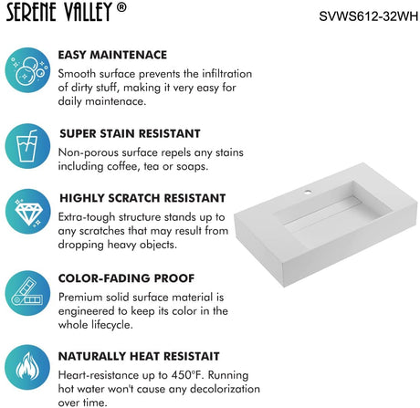 Serene Valley Floating or Countertop Bathroom Sink, Classic Square Sink with Hidden Drain Design, 32" Solid Surface Material in Matte White, SVWS612 - 32WH - Serene Valley