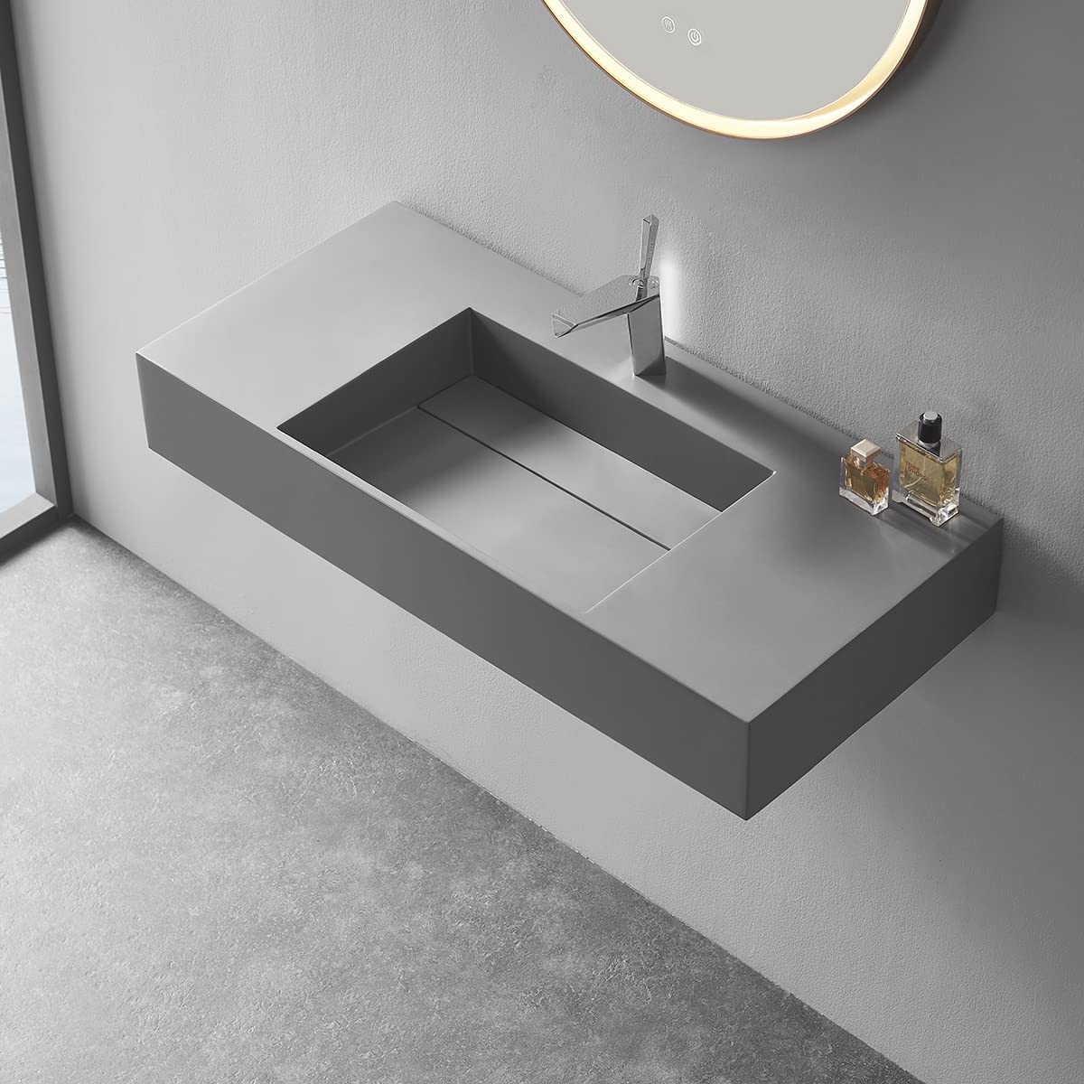 Serene Valley Floating or Countertop Bathroom Sink, Classic Square Sink with Hidden Drain Design, 40" Solid Surface Material in Matte GR, SVWS612 - 40GR - Serene Valley