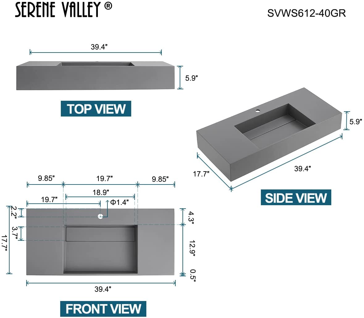 Serene Valley Floating or Countertop Bathroom Sink, Classic Square Sink with Hidden Drain Design, 40" Solid Surface Material in Matte GR, SVWS612 - 40GR - Serene Valley