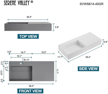 Serene Valley Floating or Countertop Bathroom Sink, Large Square Sink with Hidden Drain, 40" Solid Surface Material in Matte Gray, SVWS614 - 40GR - Serene Valley