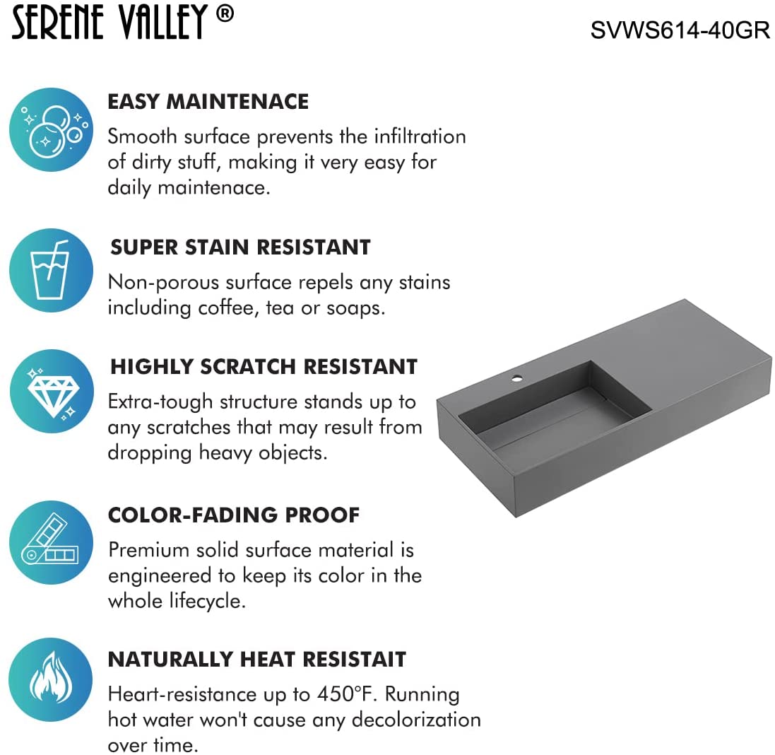 Serene Valley Floating or Countertop Bathroom Sink, Large Square Sink with Hidden Drain, 40" Solid Surface Material in Matte Gray, SVWS614 - 40GR - Serene Valley