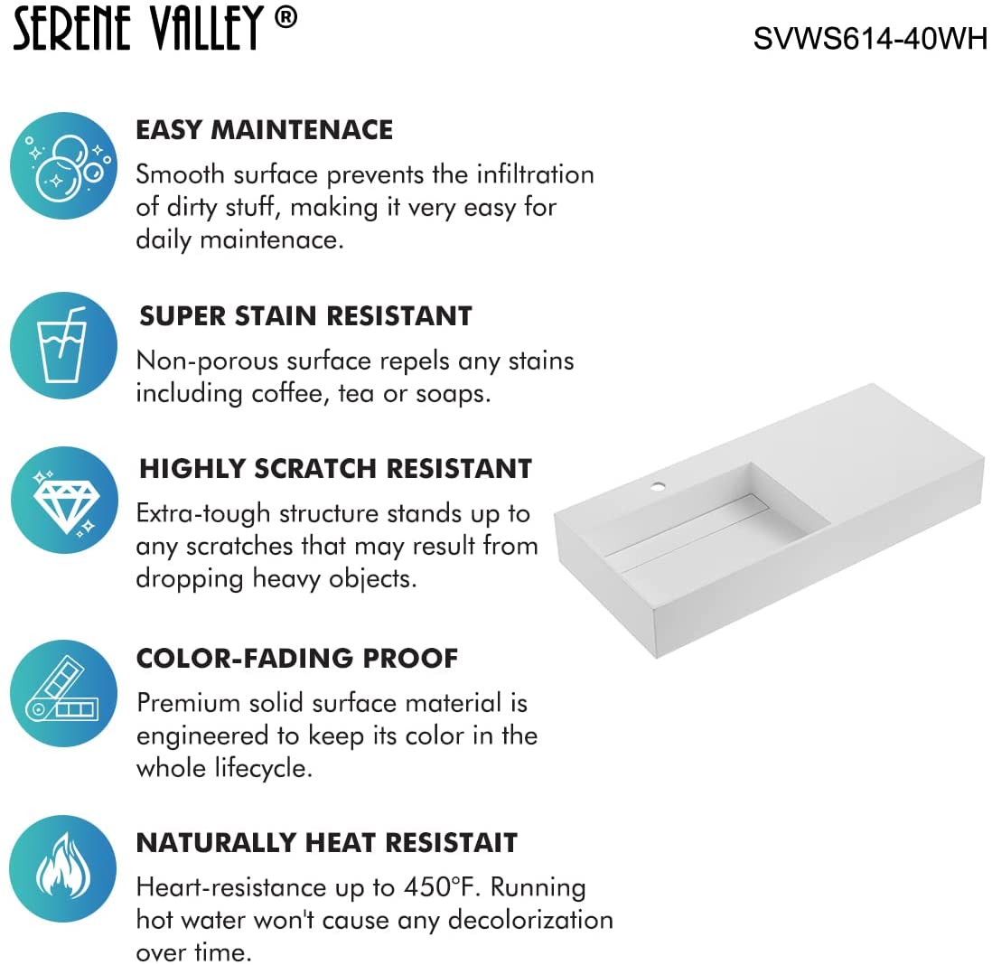 Serene Valley Floating or Countertop Bathroom Sink, Large Square Sink with Hidden Drain, 40" Solid Surface Material in Matte White, SVWS614 - 40WH - Serene Valley