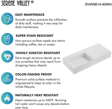 Serene Valley Floating or Countertop Bathroom Sink, Large Square Sink with Hidden Drain, 40" Solid Surface Material in Matte White, SVWS614 - 40WH - Serene Valley