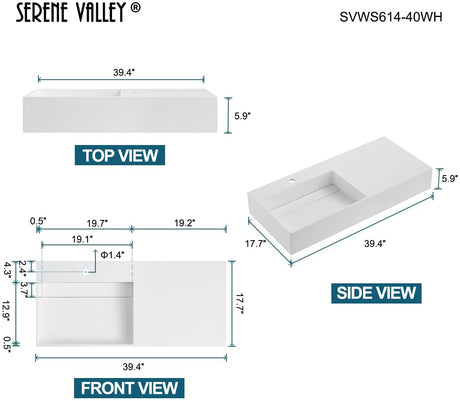 Serene Valley Floating or Countertop Bathroom Sink, Large Square Sink with Hidden Drain, 40" Solid Surface Material in Matte White, SVWS614 - 40WH - Serene Valley