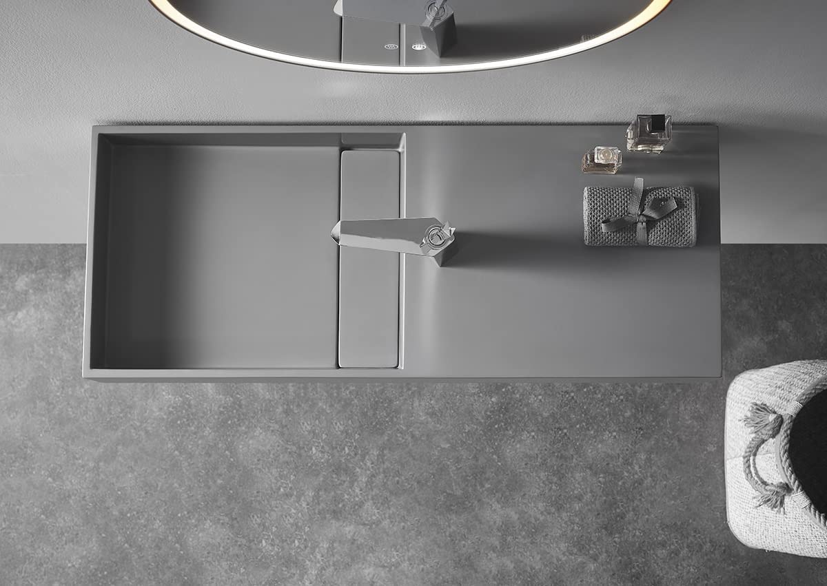 Serene Valley Floating or Countertop Bathroom Sink, Side Faucet with Square Sink and Hidden Drain, 32" Solid Surface Material in Matte Gray, SVWS613 - 32GR - Serene Valley