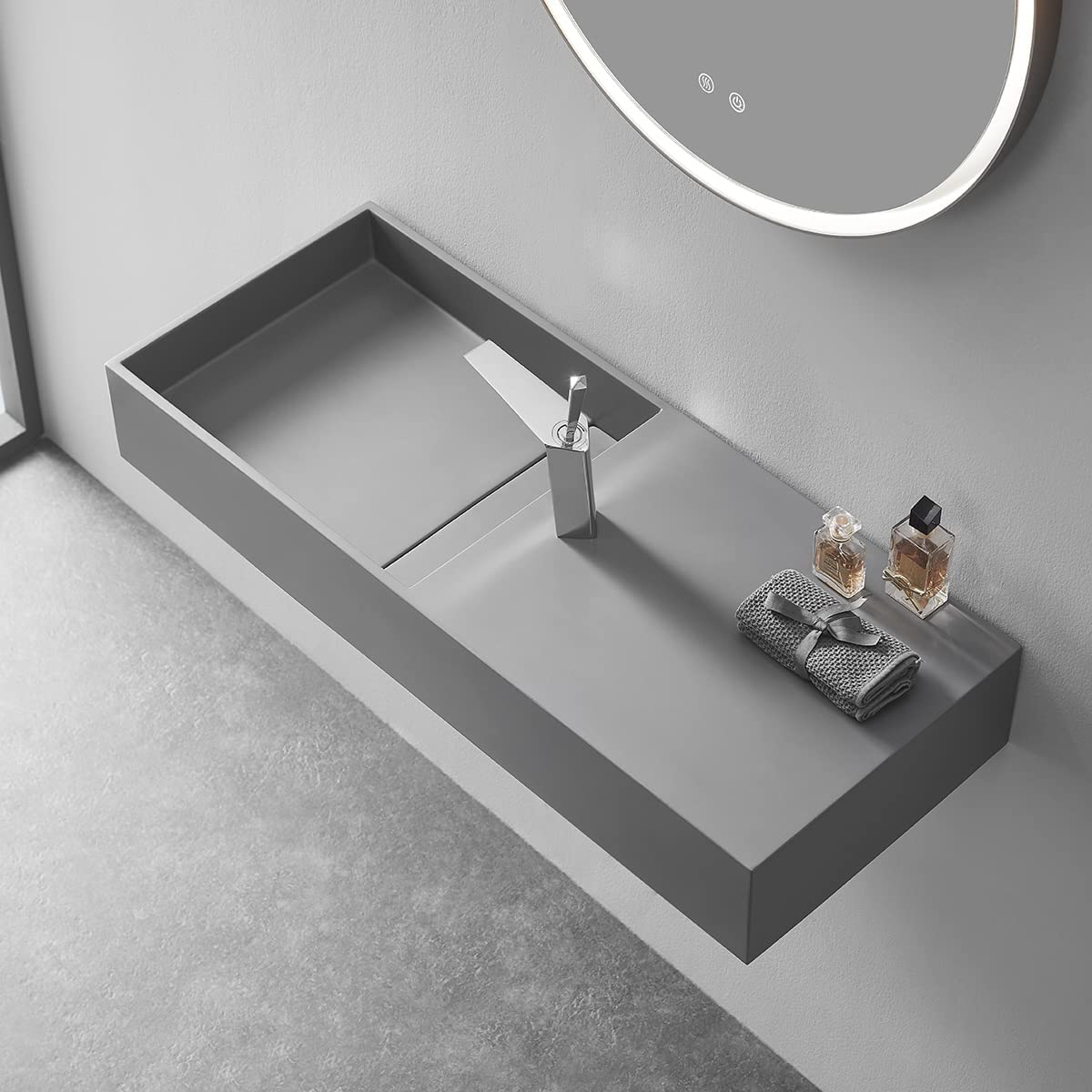 Serene Valley Floating or Countertop Bathroom Sink, Side Faucet with Square Sink and Hidden Drain, 32" Solid Surface Material in Matte Gray, SVWS613 - 32GR - Serene Valley