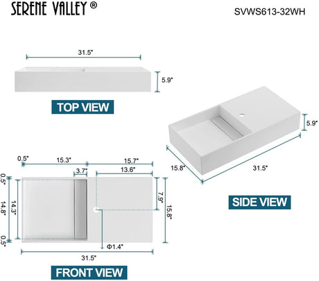 Serene Valley Floating or Countertop Bathroom Sink, Side Faucet with Square Sink and Hidden Drain, 32" Solid Surface Material in Matte White, SVWS613 - 32WH - Serene Valley