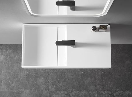 Serene Valley Floating or Countertop Bathroom Sink, Side Faucet with Square Sink and Hidden Drain, 32" Solid Surface Material in Matte White, SVWS613 - 32WH - Serene Valley