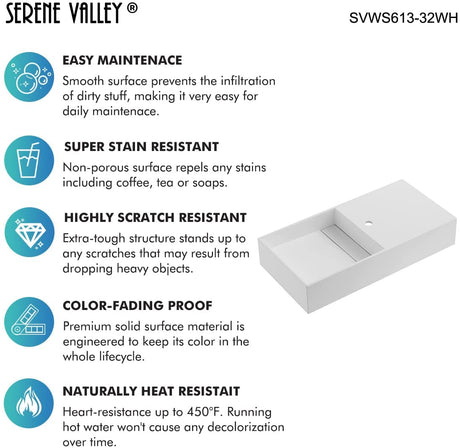 Serene Valley Floating or Countertop Bathroom Sink, Side Faucet with Square Sink and Hidden Drain, 32" Solid Surface Material in Matte White, SVWS613 - 32WH - Serene Valley