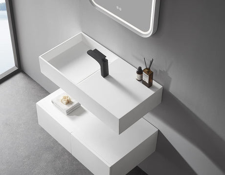 Serene Valley Floating or Countertop Bathroom Sink, Side Faucet with Square Sink and Hidden Drain, 32" Solid Surface Material in Matte White, SVWS613 - 32WH - Serene Valley